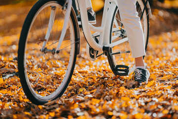 Close-up legs of woman in white pants cycling alone in autumn park. Sunny day, golden leaves in fall yellow forest. Unrecognizable girl on vintage bicycle, healthy lifestyle, aesthetic pic