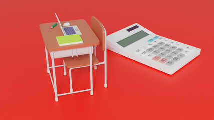 平面上に置かれたミニチュアのスクールデスクと電卓