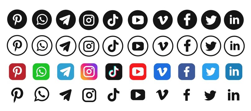 Round social media icons collection: Facebook, TikTok, instagram, twitter, youtube, telegram, linkedin, snapchat, periscope, vimeo.