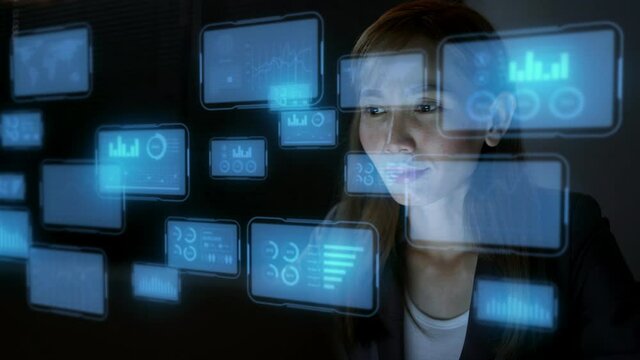 Digital transformation. Young asian woman watching hologram screens. Business technology. GUI (Graphical User Interface) concept. Communication network.