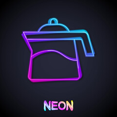Glowing neon line Teapot icon isolated on black background. Vector