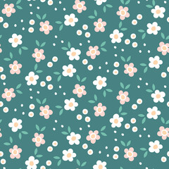 Sweet cute pink hand-drawn seamless floral pattern on green background