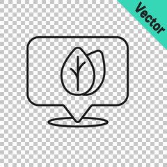 Black line Location pin with leaf inside icon isolated on transparent background. Leaves sign. Fresh natural product symbol. Vector