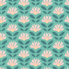 Sweet cute pink hand-drawn seamless floral pattern on green background