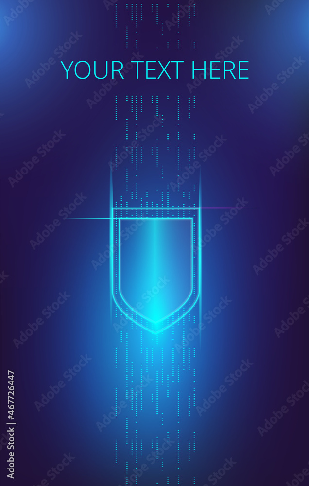 Poster neon virtual shield on the one of the data stream. vector illustration on the topic of cybersecurity