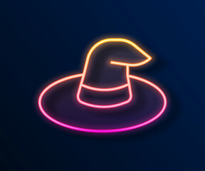 Glowing neon line Witch hat icon isolated on black background. Happy Halloween party. Vector