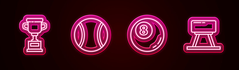 Set line Award cup, Tennis ball, Billiard pool snooker and Pommel horse. Glowing neon icon. Vector