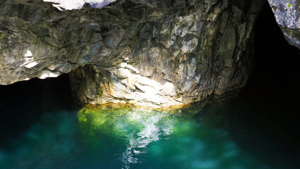 Mystery marble cave with rocks and lake, failure, top view. Underground workings in the Ruskeala Mining Park, Karelia, Russia