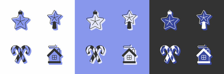 Set Merry Christmas house, star, Candy cane with stripes and icon. Vector