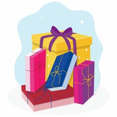 Pile of cartoon gift boxes, Flat style colorful presents vector illustration. Gift concept for Birthday, anniversary, business, greeting card, Christmas, icon, flyer etc. Various gift boxes set.