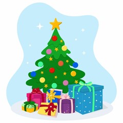 Decorated christmas tree with presents, stars, ornaments. Flat style gift boxes under the Xmas tree. Merry Christmas and a happy new year colorful cartoon vector illustration.