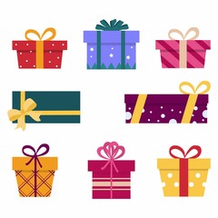 Various gift boxes set. Flat style colorful wrapped gift boxes vector illustration. Cartoon presents with different shapes, ribbons, bows and decorations isolated on white background.