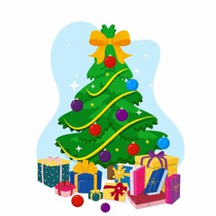 Merry Christmas and Happy New year concept with decorated Xmas tree, ribbons, stars and gift boxes. Cartoon holiday design for greeting card, flyer, business, invitation.Flat style vector illustration