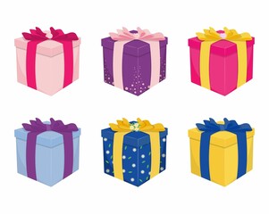 Various gift boxes set. Flat style colorful wrapped cube shape gift boxes vector illustration. Cartoon presents with different shapes, ribbons, bows and decorations isolated on white background.
