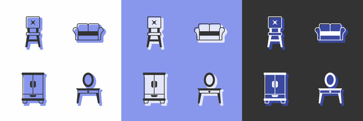 Set Dressing table, Chair, Wardrobe and Sofa icon. Vector
