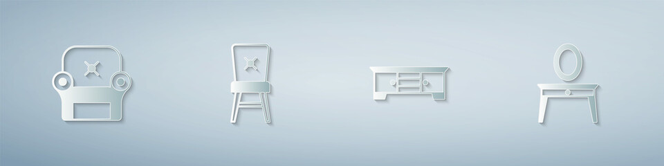 Set Armchair, Chair, TV table stand and Dressing. Paper art style. Vector