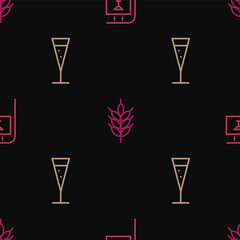 Set line Street signboard with Bar, Glass of champagne and Hop on seamless pattern. Vector