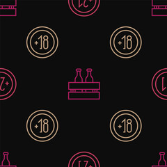 Set line Alcohol 21 plus, 18 and Pack of beer bottles on seamless pattern. Vector