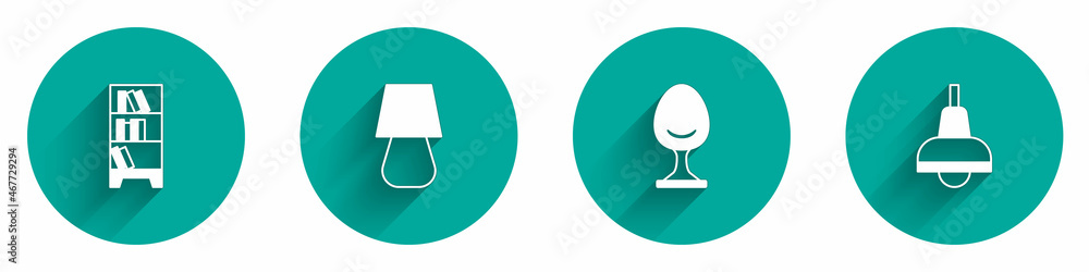 Poster set library bookshelf, table lamp, armchair and lamp hanging icon with long shadow. vector