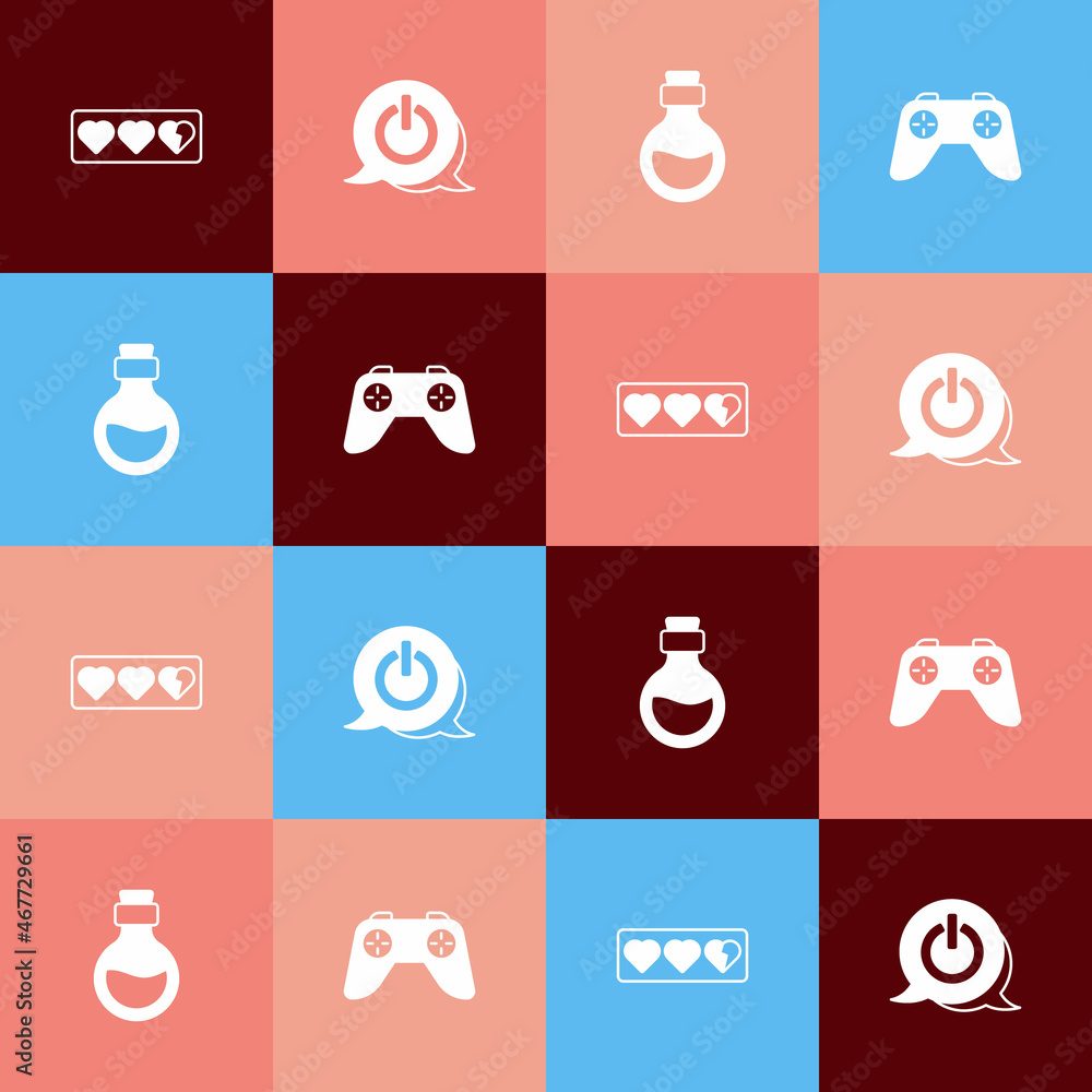Poster set pop art game life bar, power button, bottle with magic elixir and controller or joystick icon. v