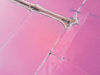 Salt industry on the pink lake. Aerial top down view. Abstract nature background. Sasyk-Sivash salt lake in Crimea.