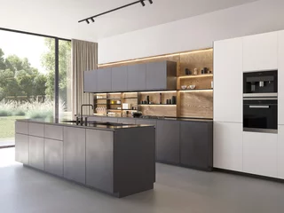 Foto op Plexiglas 3d render of a modern contemporary minimalist kitchen with satin anthracite and white cabinets, wood backsplash and concrete floor © Michael