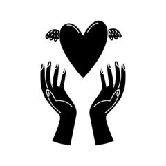 Vector illustration of a woman holding a heart under her hands. Hand gestures. Simple style illustration.