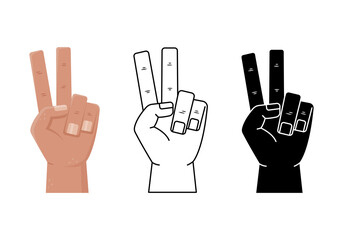 Vector set with illustrations of hand gestures - victory. Simple style, outline and flat style man hand
