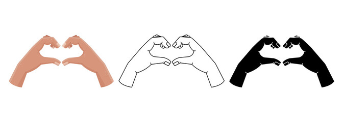 Vector set with illustrations of a hand gesture - heart, love gesture. Simple style, outline and flat style man hands.