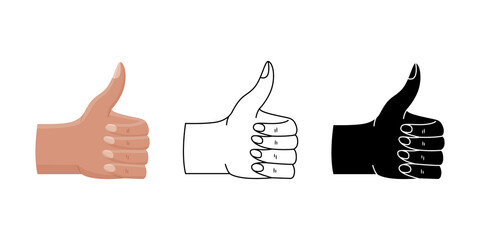 Vector set of a gesture sign - thumbs up, recommendation. Flat style, outline and simple style illustrations