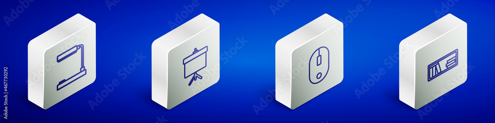 Aufkleber set isometric line table lamp, chalkboard with diagram, computer mouse and shelf books icon. vector