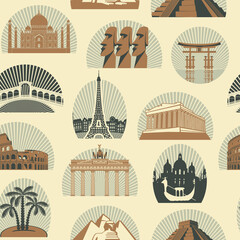 Vector seamless pattern with various world sights. Repeating background in retro style on a theme of world tourism with architectural landmarks. Suitable for wallpaper, wrapping paper, fabric © paseven
