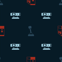 Set Case of computer, Gear shifter and Web camera on seamless pattern. Vector