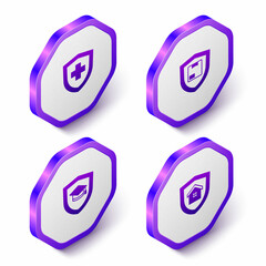Set Isometric Life insurance with shield, Delivery security, Graduation cap and House icon. Purple hexagon button. Vector