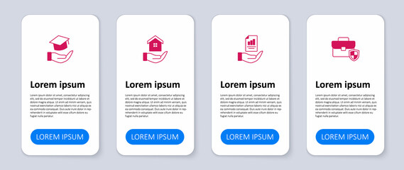 Set Briefcase with shield, Contract in hand, House and Education grant. Business infographic template. Vector