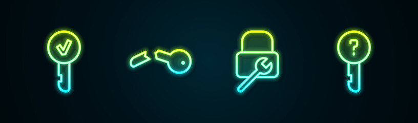 Set line Key, Broken key, Lock repair and Undefined. Glowing neon icon. Vector