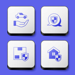 Set Car insurance, Shield, Delivery security with shield and House icon. White square button. Vector