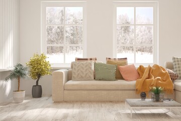 White living room with sofa and winter landscape in window. Scandinavian interior design. 3D illustration