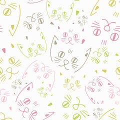 Seamless colorful vector pattern design of lined ornamental cartoon abstract cats snouts in pastel tones