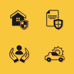 Set House with shield, Car insurance, Life and Contract icon with long shadow. Vector