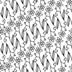 Seamless vector black and white pattern of ornamental lined white abstract flowers