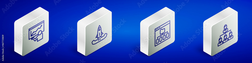 Poster set isometric line training, presentation, rocket, browser files and hierarchy organogram chart icon