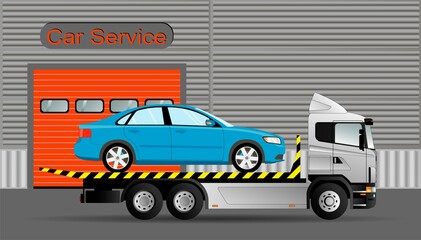 Delivery of a faulty car by a tow truck to a car service. Vector illustration.