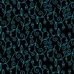Seamless vector pattern of ornamental lined white abstract flowers in turquoise on black