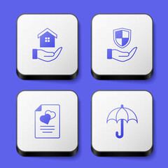 Set House in hand, Shield, Marriage contract and Umbrella icon. White square button. Vector