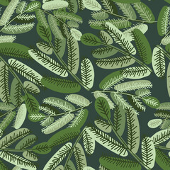 Vector seamless pattern colorful design with decorative Christmas fir tree branches in green tones