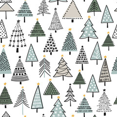 Seamless pattern with stylized Christmas trees on white background. Vector illustration. - 467732818