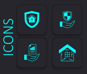 Set House, with shield, Shield in hand and Contract icon. Black square button. Vector
