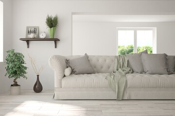 White living room with sofa. Scandinavian interior design. 3D illustration