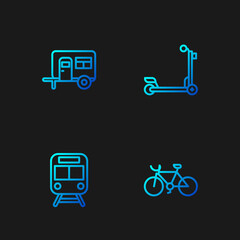 Fototapeta na wymiar Set line Bicycle, Train and railway, Rv Camping trailer and Scooter. Gradient color icons. Vector